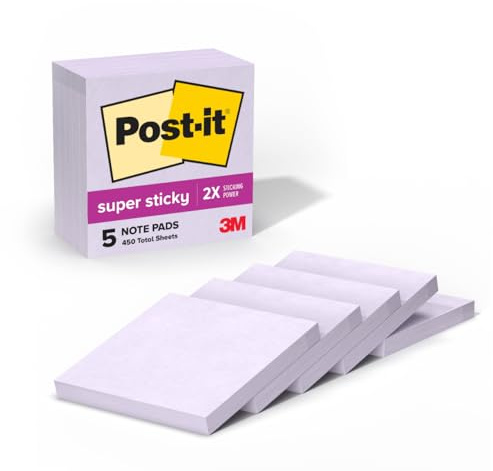 Post-it Super Sticky Notes, 3x3 in, 5 Pads, 90 Sheets/Pad, 450 Total Sheets, 2X The Sticking Power, Orchid Frost Lavender