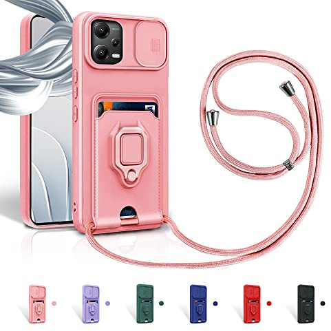 Aithne Case für Xiaomi Redmi Note 12 Pro 5G / Poco X5 Pro 5G Handykette Hüll,Slide kameraschutz,Silikon Handyhülle zum Umhängen Kette,360 Grad Ringhalter Stand Kartenfach-Pink