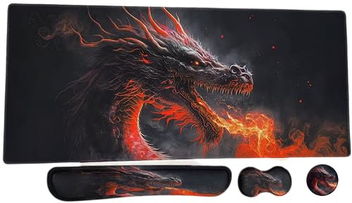 Fayet Dragon Keyboard Mouse Pad Mat Set, Extra Large Gaming Pad + Keyboard Wrist Rest + Mouse Wrist Support + Coaster, Pain Relief, 900 x 400mm Non-Slip Rubber Base Desk Mat for Home Office