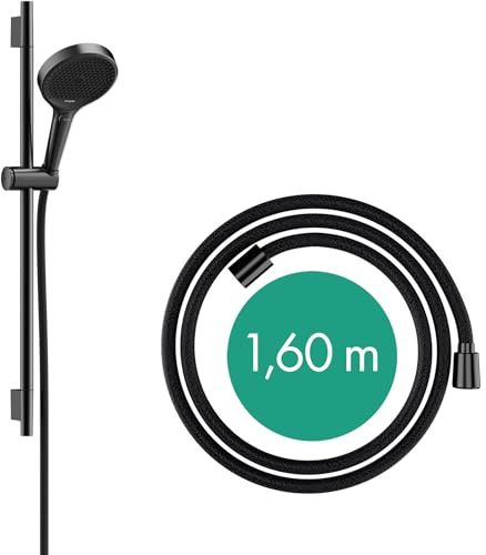 hansgrohe Rainfinity - Duschset, runder Duschkopf mit Brausestange 65cm, Halterung und Designflex Textil Brauseschlauch 160cm, Duschbrause mit 3 Strahlarten, Brushed Black Chrome