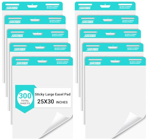 SHARBDA Klebriges Staffelei-Pad, 63,5 x 76,2 cm, Flip-Chart, Diagrammpapier für Lehrer, großes selbstklebendes Staffeleipapier, super klebrig und blutungsbeständig, 30 Blatt/Block, 10 Blöcke