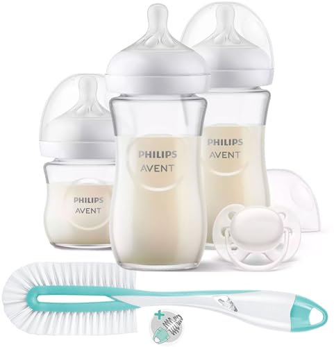 Philips Avent Glas Flaschen Set Natural Response: 2 x Glas Flaschen 240 ml, Glas Flasche 120 ml, Schnuller 0–6M & Bürste