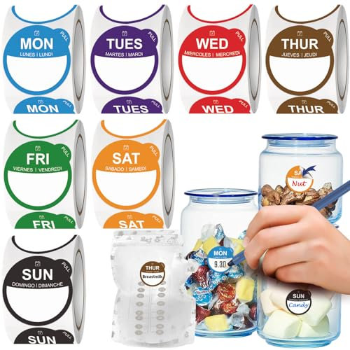 Food Label Stickers for 7 Days of The Week, Removable Freezer Breastmilk Date Labels Peel Tab for Container Kitchen Restaurant Supplies Day Meal Planners Dots Inventory Management Accessory Small