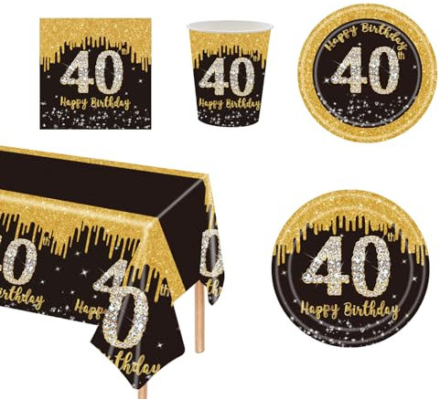 69Pcs Black Gold 40th Birthday Party Tableware,Black 40th Birthday Tableware Set with Paper Plates,Napkins Serviette,40th Table Cloth,Paper Cups for Women Men Her Him Birthday Party Table Decorations