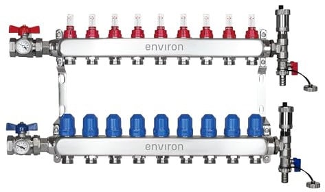 ENVIRON- Heizkreisverteiler [2-12 Heizkreise] mit Kugelhahn Set und Schnellentlüfter Set | Fußbodenheizung Heizung (9 Heizkreise)