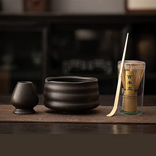 BAMFY Japonais Matcha Kit Fouet Matcha Bambou Cérémonie Du Thé 4 Pièces Bol Matcha, Porte-Fouet à Matcha, Cuillère à Thé, Outil Kit The Matcha (Color : A style pure black)
