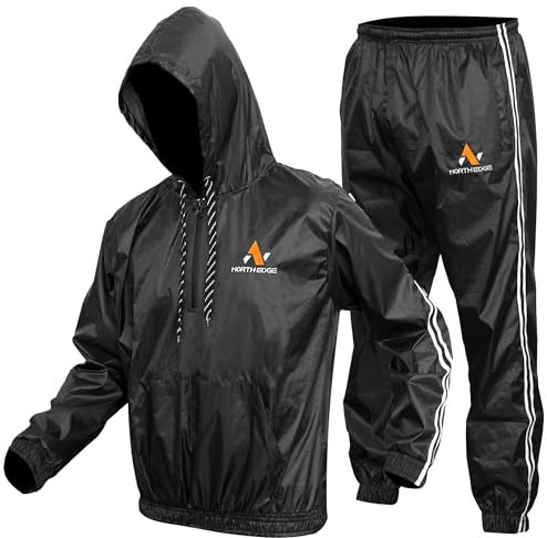 NORTH EDGE Heavy Duty Sweat Suit Sauna for Exercise Gym Sauna Suit Fitness workout Anti-Rip (Black Hooded, X-Large)