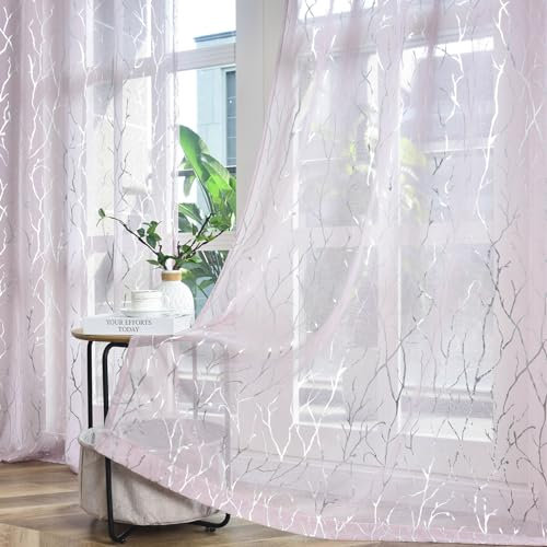 FINECITY Durchsichtige Vorhänge, 213 cm lang, 2 Stoffbahnen, metallisch-silberfarben, Baumzweig, lichtfilternde, durchsichtige Fenstervorhänge für Wohnzimmer, Stangentasche, Privatsphäre, 132 x 213