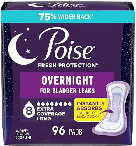 Poise Overnight Incontinence Pads for Women, 8 Drop, 96 ct