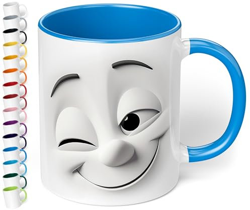 True Statements Emotion Büro Keramik-Tasse „Zwinkerndes Gesicht“ - 330ml Kaffeebecher - Face Mug - Geschenke für Kollegen (Cambridge Blau)