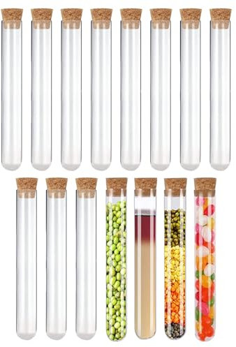 Tube à Essai avec Bouchon Liège, 15 pièces Tubes à Essai en Verre, Tubes à Essais de Laboratoire, Tubes à Essai Transparent, Eprouvette en Verre avec Bouchon pour Bonbons Epice Plante Echantillon