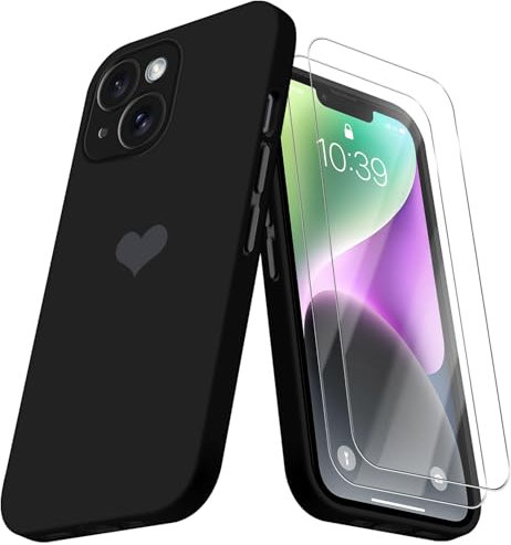Giyer Silikon Handyhülle für iPhone 14 Hülle mit Schutzfolie, Case für iPhone 14 Herz Motiv Muster Flüssig Dünn Weiches Mikrofaserfutter Schutzhülle für iPhone 14 Cover mit Kameraschutz (Schwarz)