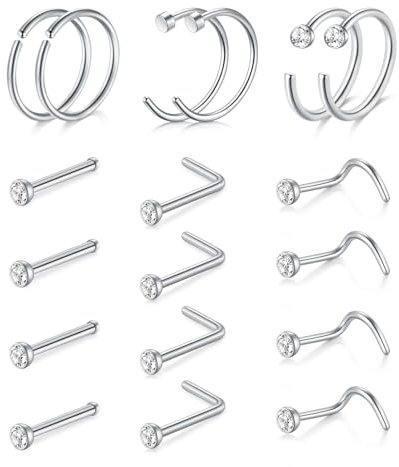 AVYRING 22G Nasenstecker Schrauben mit Diamant, Extra dünne Nasenringe Set für Damen und Herren, Packung mit 18 Stück