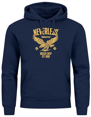Neverless® Hoodie Herren Adler Eagle Print Retro Aufdruck Vintage Design Kapuzen-Pullover Männer Fashion Streetstyle Navy L