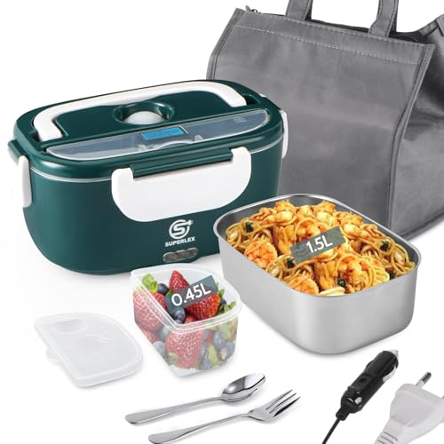 SUPERLEX 3-in-1 Lunchbox Elektrische Multi Funktion 0,45+1,5L Essensbox Warmes Mittagessen, 12V/24V/220V für LKW Haushalt Konstruktion Büro