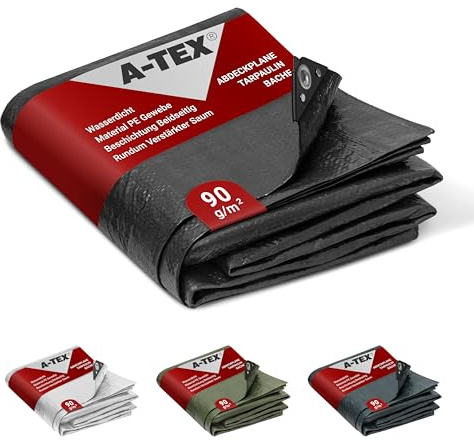 A-TEX® Abdeckplane 90g/m² (Schwarz, 3 x 4 m) Verschiedene Stärken, Größen und Farben wählbar | Plane mit Ösen | Gewebeplane Gartenplane Bauplane Schutzplane | wasserdicht | reißfest | UV-stabilisiert