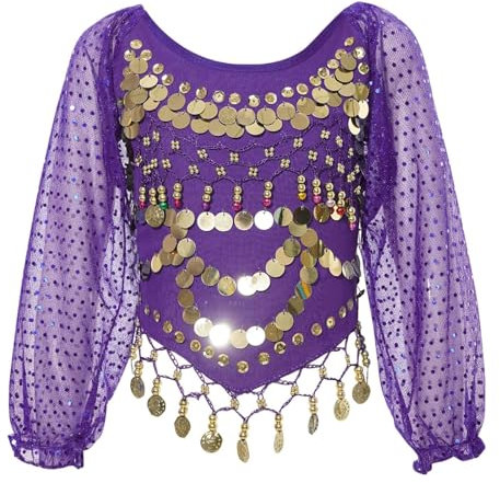 Belly Dance Top for Women, Puff Long Sleeve Chiffon Sequin Dance Shirts, Glitter Coins Tassels Blouse for Festival Clubbing Wear, Self-tie Back Tribal Crop Top for Belly Dance Performance Outfit