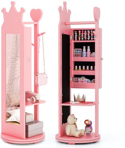 DREAMADE 3 en 1 Armoire à Bijoux Enfants à 360°,Organisateur de Bijoux Enfant avec Miroir Pleine Longueur,Porte-Vêtements,Anti-Bascule,Crochets,Meuble sur Pied Motif Couronne pour Filles (Rose)