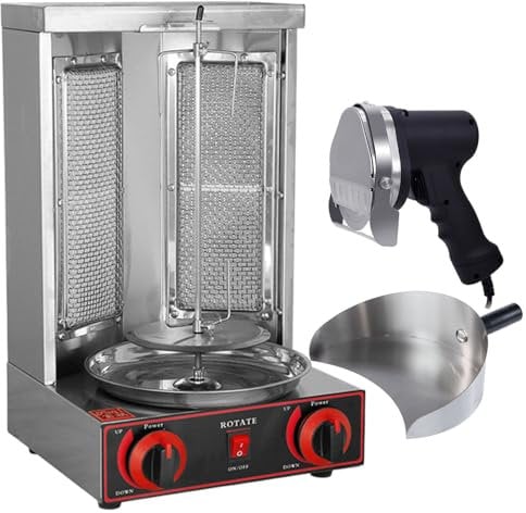 Forno verticale con girarrosto, macchina per grigliare Shawarma, macchina per kebab a gas, macchina per grigliare Gyro, caldaia verticale con 2 bruciatori, per carne, pollo, padella + coltello