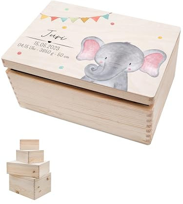 wunderwunsch - Personalisierte Erinnerungsbox Taufe mit Hochwertigem UV-Farbdruck - Individuelle Box Baby - Niedliche Erinnerungskiste aus Holz - Geschenk Taufe (Elefant, M flach-Klappdeckel)
