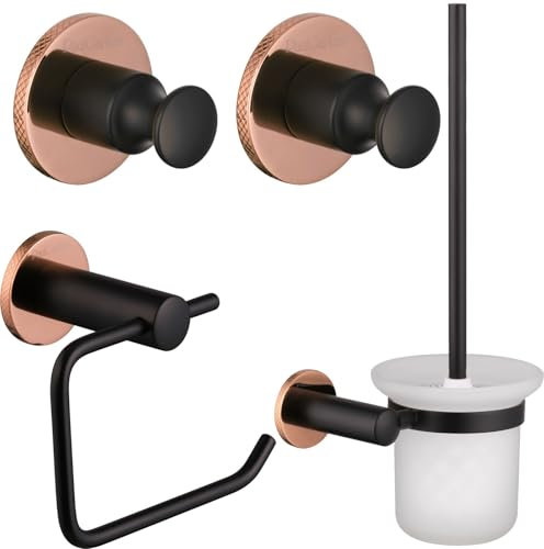 PaulGurkes Bad-Accessoires Set Matt-Schwarz Rosé-Gold 2x Haken Bürste WC-Papierhalter