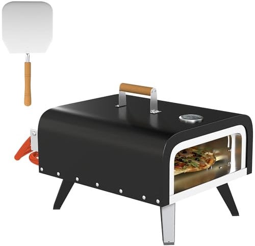 Outsunny Horno de pizza de gas de mesa para exteriores con piedra y cáscara de 12 pulgadas, horno de pizza portátil con termómetro, patas plegables, mango, manguera de gas y regulador, color negro