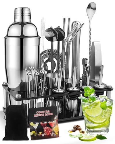 28-Piece Premium Cocktail Shaker Set with 750ml Stainless Steel Shaker, Muddler, Jigger, Strainer, Spoon, Dispenser & Accessories for Home, Bar, Party, and Gift Giving