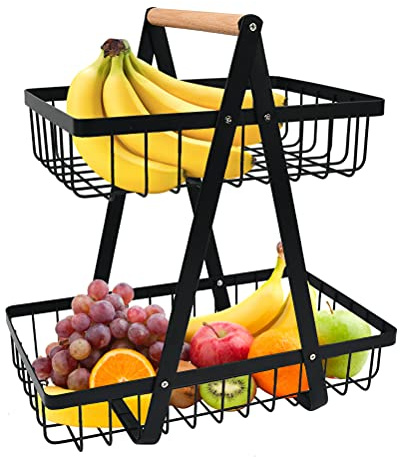 DODUOS Cesta de Frutas de 2 Niveles, Fruteros de Cocina 2 Pisos, Cesta de Cocina para Frutas y Verduras, Negro Frutero 2 Pisos para Cocinar, Verduras, Aperitivos y Pan
