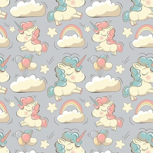 Fabreco Flanell Kinderstoff Meterware – 3M x 160cm - Karo, Baumwollstoff, 1lfm, Stoffbreite 160cm - Einhorn mit einer Wolke Graue-Farbe