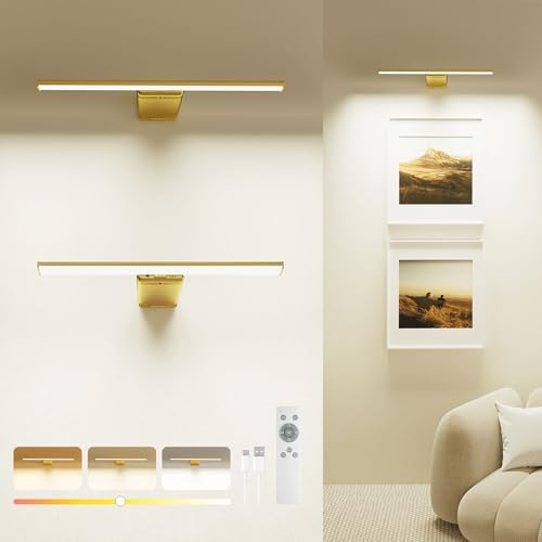 Lampe de Tableau Sans Fil Rechargeable 12000mAh avec Télécommande, Éclairage LED Dimmable pour Peintures et Cadres, Applique Murale Intérieur, 3 Couleurs, CRI 95+, Minuterie & Mémoire, Or, Lot de 2
