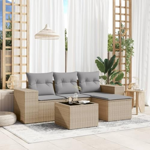 mzdioop 5-TLG. Garten-Sofagarnitur mit Kissen, Beige Poly Rattan Lounge Set, Modulare Outdoor Sitzgruppe mit Glastisch für Terrasse, Balkon, Veranda