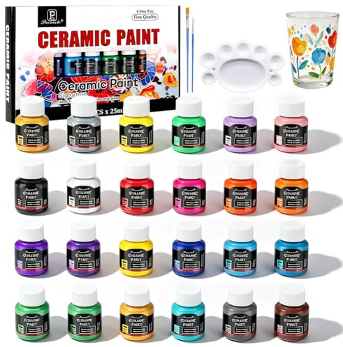 Umllpet Keramik Bemalen Set, 24 x 25 ml Porzellanfarbe Spülmaschinenfest, Porzellanfarbe Set mit 1 Malpalette & 2 Malpinsel, Keramikfarbe, Porzellan Farben für Tassen, Keramik und Glas