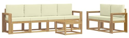 vidaXL Outdoor-Sofagarnitur mit Kissen 7 pcs Weiß und Creme, Moderne Outdoor-Sofagarnitur, robuste Eckcouch, stylisches Gartenmöbel, Akazienholz, Bequeme Sitzplätze