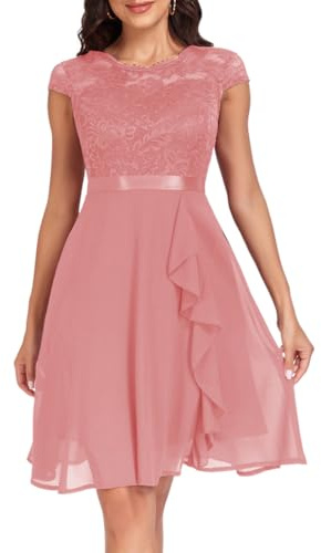 shownicer Robe Femme Chic Et Elegant Robe Cocktail Manches Courtes Robes Dentelle De Ceremonie Soirée Mariage