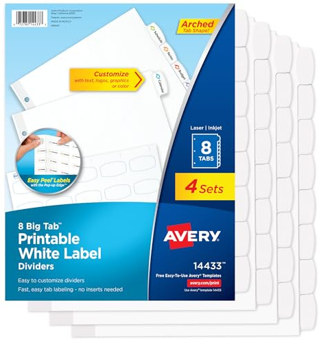 Avery „Big Tab“ 14433, bedruckbare weiße Registerblätter für 3-Ring-Ordner, 8 Registerblätter pro Set, weiß, ideal für Bürobedarf, Schulbedarf, zum Ordnen und vieles mehr, 4 Sets