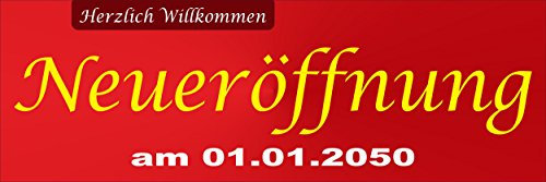 Neu-eröffnung mit Datum – 150x50cm - stabile 520g PVC Werbe-plane – in 3 Größen (150x50cm, 250x70cm, 300x100cm) verfügbar – P00002-005-1500x500