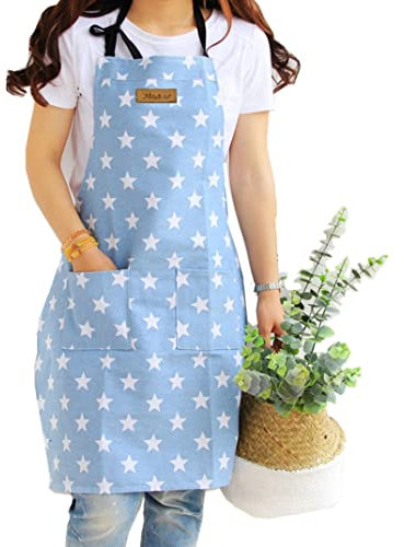 Lindong Sterne Schürze mit Tasche Baumwolle Leinen Damen Küchenschürze Latzschürze Kochschürze zum Kochen oder Backen hellblau