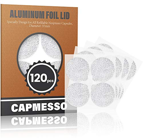 CAPMESSO Selbstklebende Aluminiumfolie zur Wiederverwendung von mit espresso kompatiblen Espressokapseln - Einfache Befüllung Ihrer eigenen Kapseln mit unserem Siegeldeckelaufkleber 120/Paket