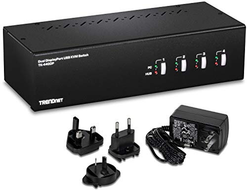 TRENDnet 4-Port Dual Monitor DisplayPort KVM Switch with Audio, TK-440DP, 2-Port USB 2.0 Hub, 4K UHD Resolutions Up to 3840 x 2160, Black, Manual Operation
