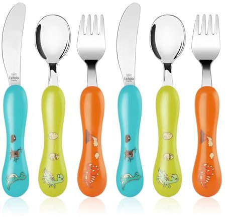 Lehoo Castle Toddler Cutlery, 6pcs Stainless Steel Dinosaurs Kids Children's Cutlery Flatware, Incudes 2 x Spoons, 2 x Forks, 2 x Knives