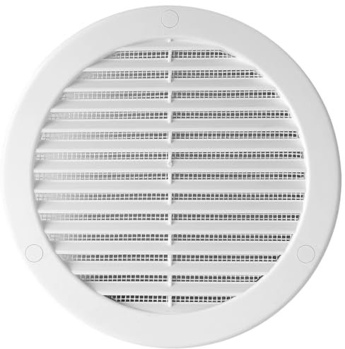 White Louvred Wall Vent Grille with Flyscreen and Screw Caps, Ø 200 mm / 8 in, Air Ventilation Duct Cover with Anti-Insect Mesh and Flat Back, Tough and Durable ABS Plastic