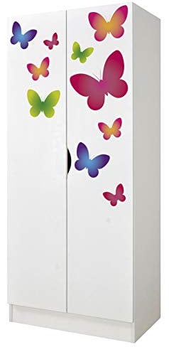 Leomark Weiß zweitüriger Kleiderschrank - Roma - funktionaler Schwebetürenschrank, Dim: 70 x 42,5 x 161,5 (H) cm, Kommode, Möbel für Kinder, UV-Druck Schmetterlinge