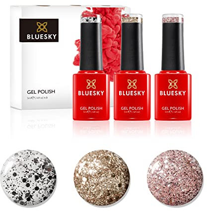 Bluesky Gel Polish, Gel Nagellack Set, Metallic Confetti. Ice Superstar Dc001, Gold Button Dc002, Razzle Dazzle Lt135. 3 x 5 ml Silber, Glitzer (Requires Curing Under Uv/Led Lamp) er Pack(x)