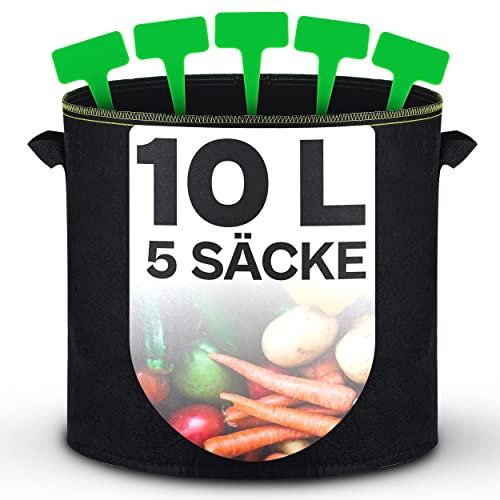 Sac de Plantation 10l - 5 Sacs a Plantes avec Fenêtre et Étiquettes - Pot Geotextile pour Plantes, Fleurs, Fruits