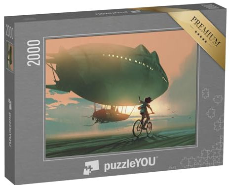 puzzleYOU: Puzzle 2000 Teile „Digitale Kunst: Gute Reise! Fahrradfahrendes Kind winkt einem Zeppelin hinterher“ – aus der Puzzle-Kollektion Illustrationen