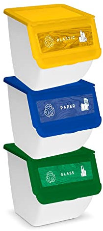 Acan Pack de 3 contenedores apilables de plástico con ruedas, cajas almacenaje basura, reciclaje (Papel, plástico y vidrio, 36 litros, 36 x 38,5 x 38 cm)