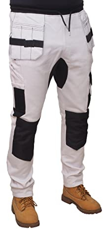 HASHOOB Mens Fleece Work Trousers Painters Decorators White Cargo Combat Pants WF-01