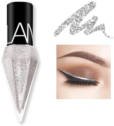 Liquid Glitter Shiny Eye Liner Cosmetics High Pigment Shimmer Sparkling Silver Metallic Eyeliner Colorful Pearlescent Long Lasting Eye Liner for Wedding Party Cosplay Eye Makeup # 02