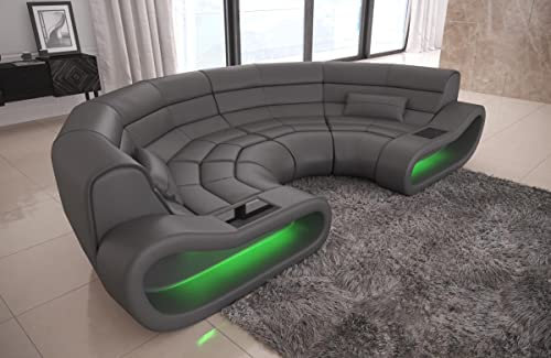 Sofa Dreams Ledersofa Concept in C Form - mit LED Beleuchtung, ergonomische Rückenlehnen/Lederfarben wählbar (Grau)