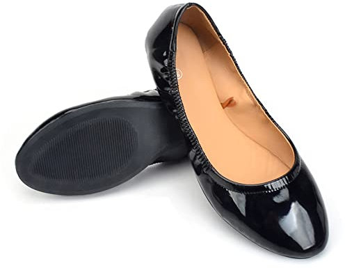 Dernolsea Womens Ballet Flats, Patent Leather Foldable Round Toe Slip On Pumps Elastic Flat Dolly Ballerina Shoes Black Size 4